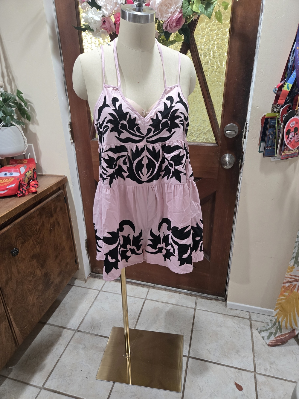 Free People Pink and Black Floral Babydoll Jumpsuit